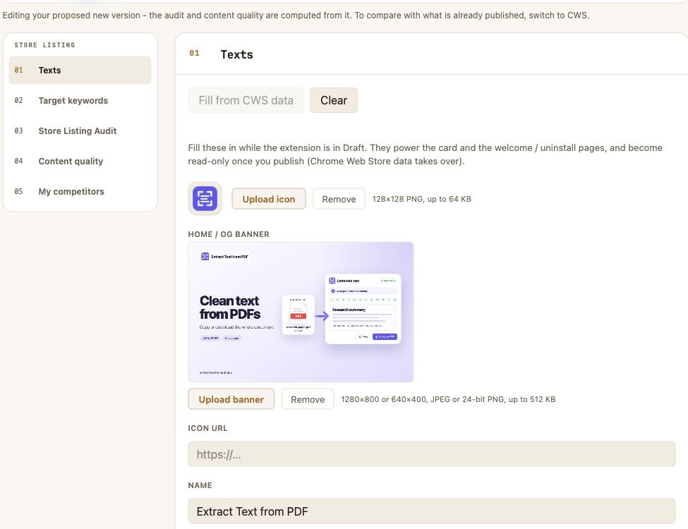 Draft listing of Chrome extension in Ext Ops Panel