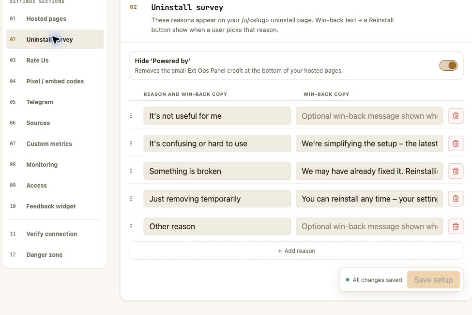 Setting up the extension removal questionnaire
