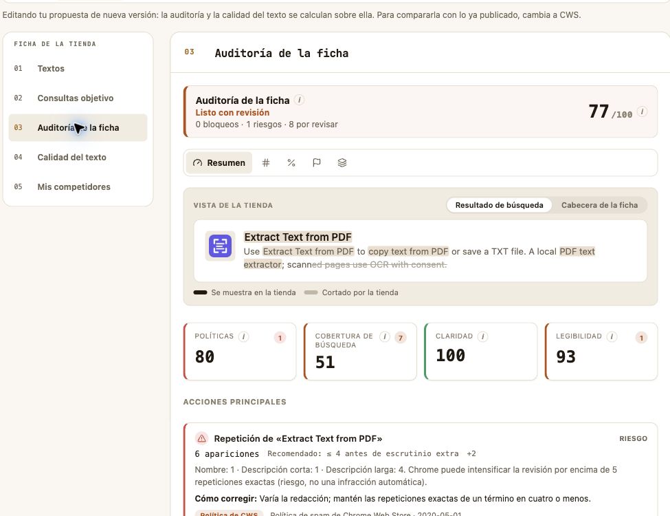 Hallazgos de la Auditoría de la ficha, cada uno etiquetado con la regla que lo respalda
