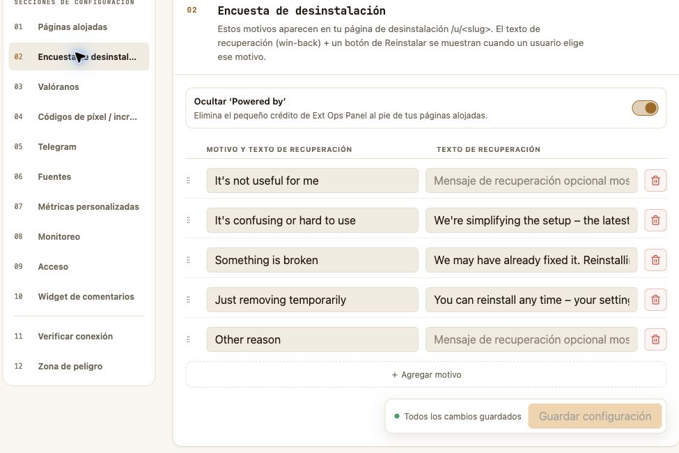Configurar el cuestionario de eliminación de extensiones