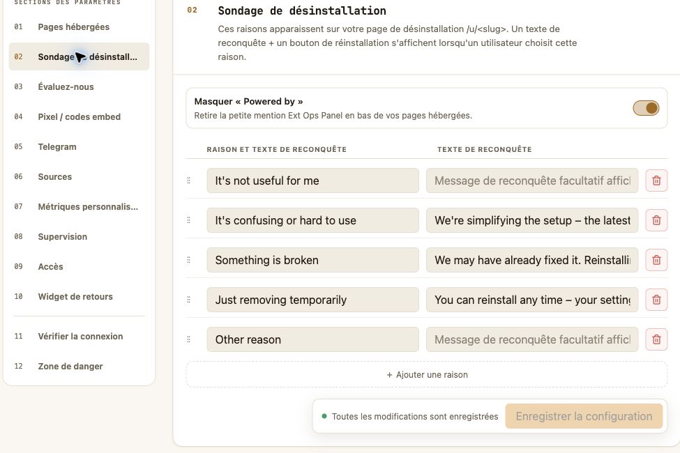 Mise en place du questionnaire de suppression d'extension